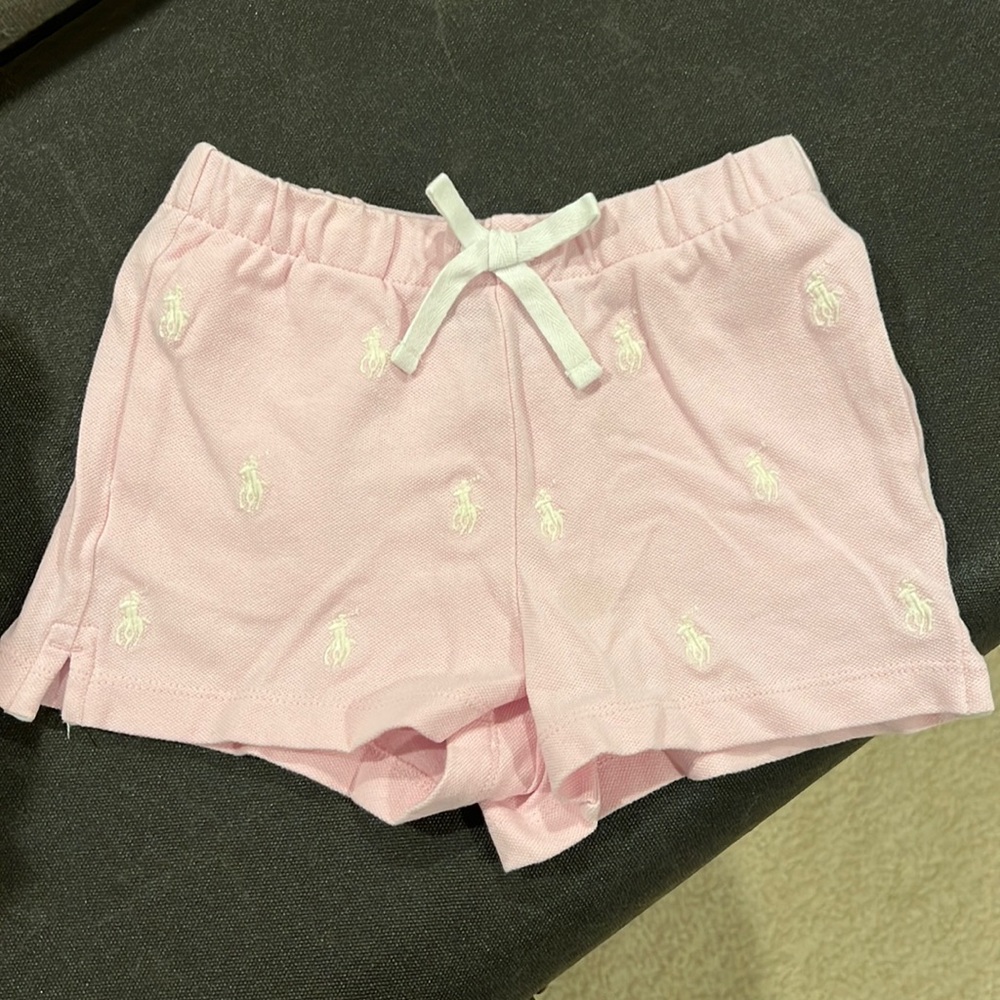 Polo Ralph Lauren Pink with white ponies shorts and grey polo t-shirt